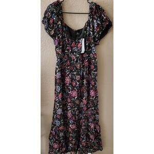 Lane Bryant Black Floral Bubble-Sleeve‎ Tie-Neck Midi Dress Womens Size 16